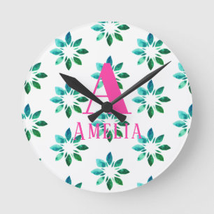 Monogram Green Hot Pink Retro Floral Waterverf Ronde Klok