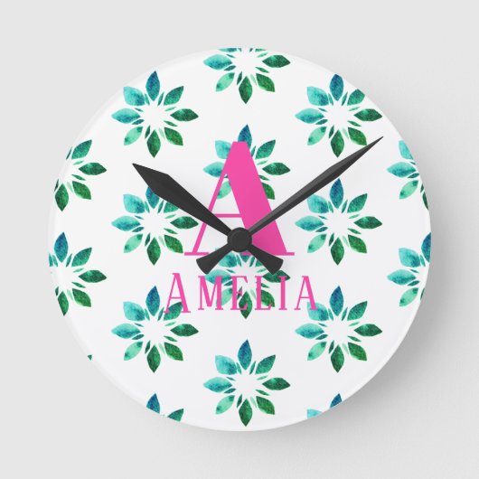 Monogram Green Hot Pink Retro Floral Waterverf Ronde Klok (Voorkant)