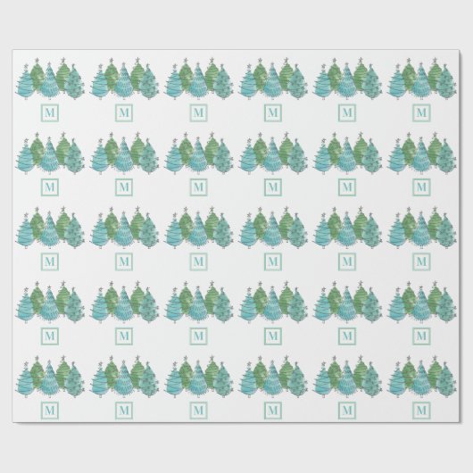 Monogram Green Kerstbomen Cadeaupapier (Vlak)
