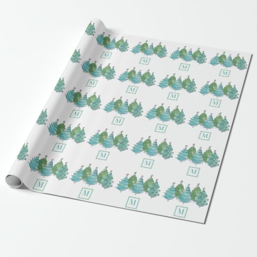 Monogram Green Kerstbomen Cadeaupapier (Uitgerold)