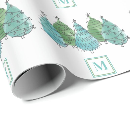 Monogram Green Kerstbomen Cadeaupapier (Rol Hoek)
