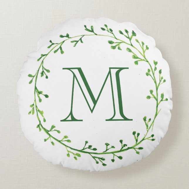 Monogram Green Leafy Wreath Rond Kussen (Voorkant)