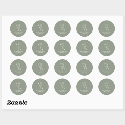 Monogram Green Minimalist Boho Wedding Classic Ronde Sticker (Vel)