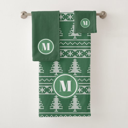 Monogram Green Nordic Knit Kerstmis Bad Handdoek (Insitu)