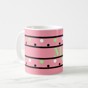 Monogram Green Pink White Polka Dots Koffiemok