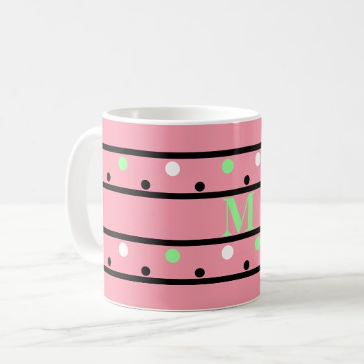 Monogram Green Pink White Polka Dots Koffiemok (Voorkant links)