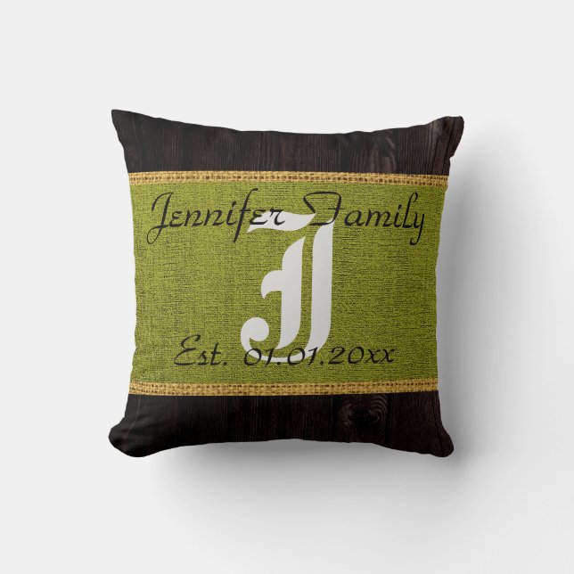Monogram Green Rustic Burlap Linen Wood Kijk uit Kussen (Voorkant)