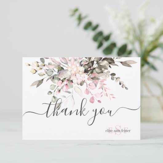 Monogram Greenery Blush Eucalyptus Herfst Foliage Bedankkaart (Staand voorkant)