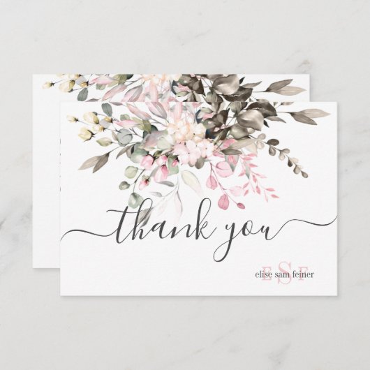 Monogram Greenery Blush Eucalyptus Herfst Foliage Bedankkaart (Voorkant / Achterkant)