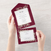 Monogram Greenery Botanical Burgundy Wedding All In One Uitnodiging (Afscheurbaar)