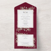 Monogram Greenery Botanical Burgundy Wedding All In One Uitnodiging (Binnen)