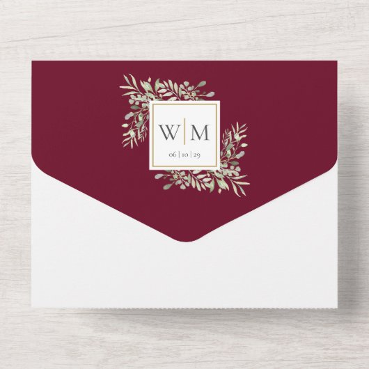 Monogram Greenery Botanical Burgundy Wedding All In One Uitnodiging (Achterkant)