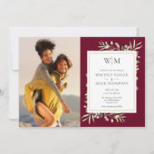 Monogram Greenery Burgundy Photo Wedding Kaart (Voorkant)