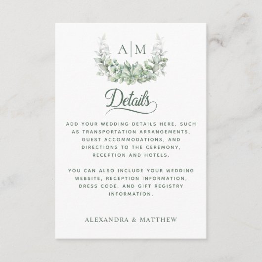 Monogram Greenery Elegant Wedding Details Informatiekaartje (Voorkant)