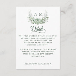 Monogram Greenery Elegant Wedding Details Informatiekaartje