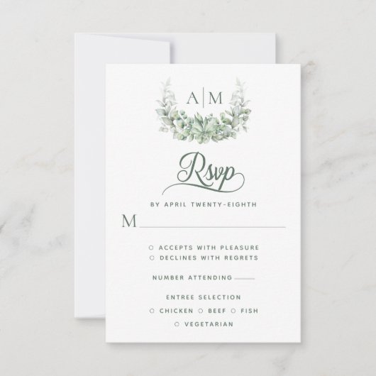 Monogram Greenery Elegant Wedding RSVP Kaartje (Voorkant)
