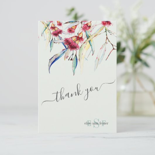 Monogram Greenery Eucalyptus Blossom Dank je Bedankkaart (Staand voorkant)
