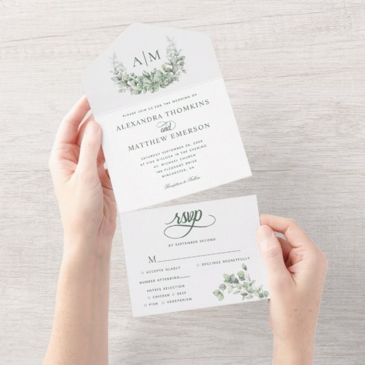 Monogram Greenery Eucalyptus Elegant Wedding All In One Uitnodiging (Afscheurbaar)