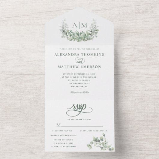 Monogram Greenery Eucalyptus Elegant Wedding All In One Uitnodiging (Binnen)