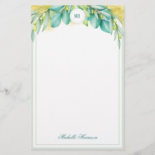 Monogram Greenery Eucalyptus Leaves Olive Branches Briefpapier (Voorkant)