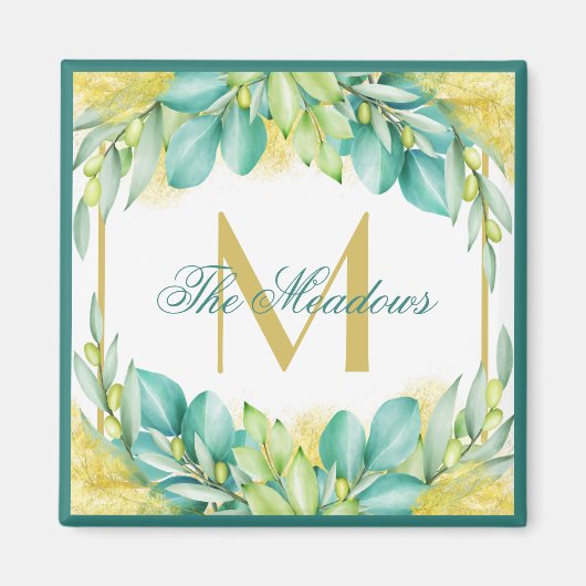 Monogram Greenery Eucalyptus Leaves Olive Branches Magneet (Voorkant)