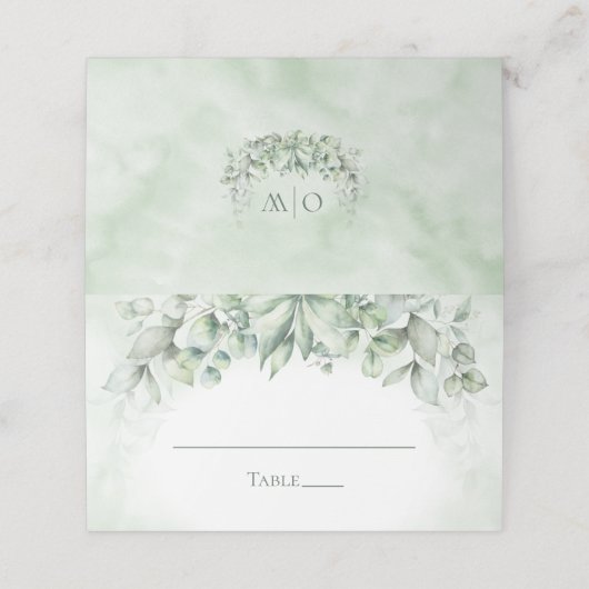 Monogram Greenery Eucalyptus Wedding Plaatskaartje (Buitenkant ongevouwen)