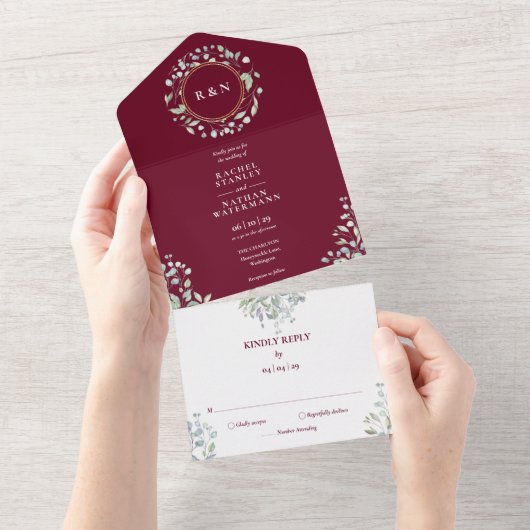 Monogram Greenery Floral Burgundy Wedding All In One Uitnodiging (Afscheurbaar)