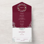 Monogram Greenery Floral Burgundy Wedding All In One Uitnodiging (Binnen)
