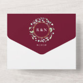 Monogram Greenery Floral Burgundy Wedding All In One Uitnodiging (Achterkant)