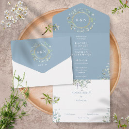 Monogram Greenery Floral Dusty Blue Wedding All In One Uitnodiging