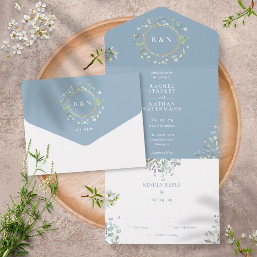 Monogram Greenery Floral Dusty Blue Wedding All In One Uitnodiging