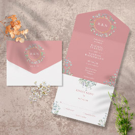 Monogram Greenery Floral Dusty Roos Wedding All In One Uitnodiging