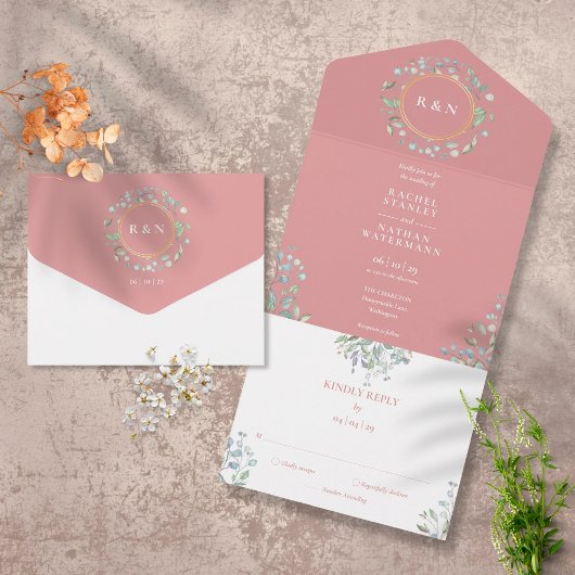 Monogram Greenery Floral Dusty Roos Wedding All In One Uitnodiging
