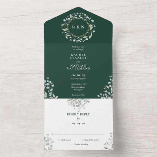 Monogram Greenery Floral Emerald Green Wedding All In One Uitnodiging (Binnen)