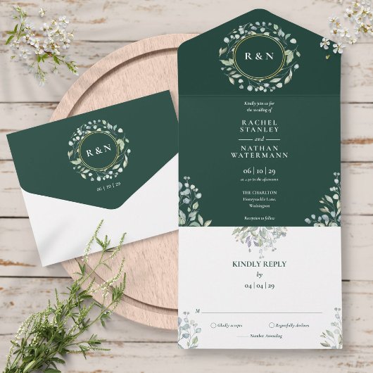 Monogram Greenery Floral Emerald Green Wedding All In One Uitnodiging