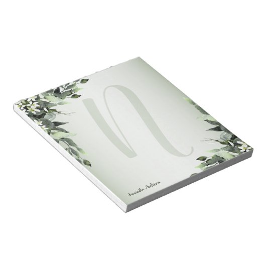 Monogram Greenery Floral Eucalyptus Leaves Notitieblok (Schuin)
