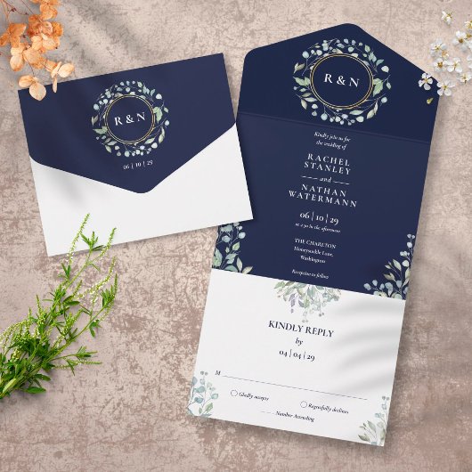 Monogram Greenery Floral Navy Blue Wedding All In One Uitnodiging