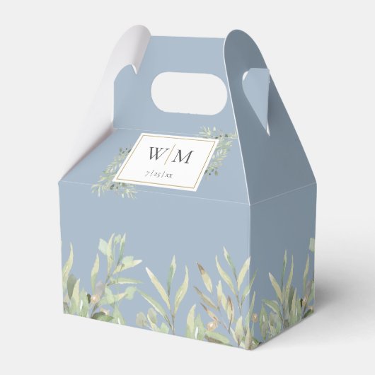 Monogram Greenery Foliage Dusty Blue Wedding Bedankdoosjes (Voorkant Zijde)