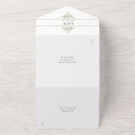 Monogram Greenery Gold Geometric Wedding All In One Uitnodiging (Buitenkant)