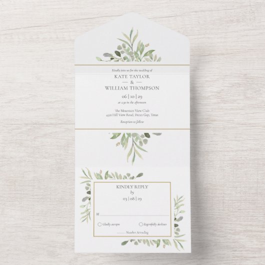 Monogram Greenery Gold Geometric Wedding All In One Uitnodiging (Binnen)