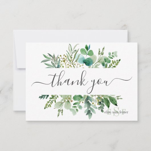 Monogram Greenery Gum Eucalyptus Dank je Bedankkaart (Voorkant)