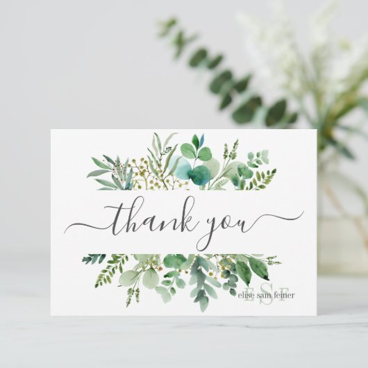 Monogram Greenery Gum Eucalyptus Dank je Bedankkaart (Staand voorkant)