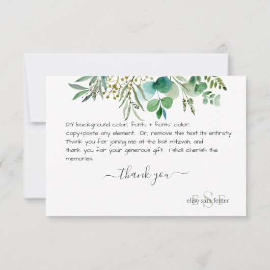 Monogram Greenery Gum Eucalyptus Dank je Bedankkaart (Achterkant)