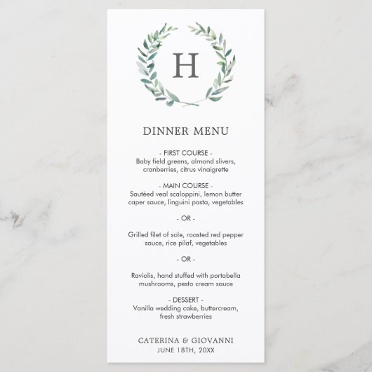 Monogram Greenery Krans Elegante bruiloft Menu (Voorkant)