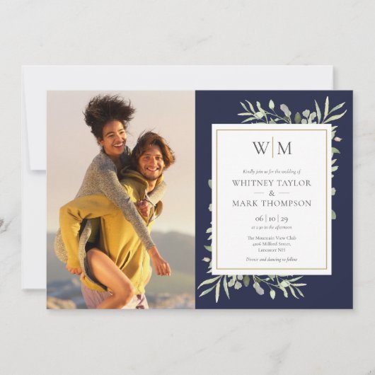 Monogram Greenery Navy Blue Photo Wedding Kaart (Voorkant)