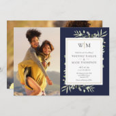 Monogram Greenery Navy Blue Photo Wedding Kaart (Voorkant / Achterkant)