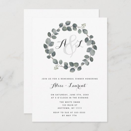Monogram Greenery Rehearsal Dinner Invitations Kaart (Voorkant / Achterkant)