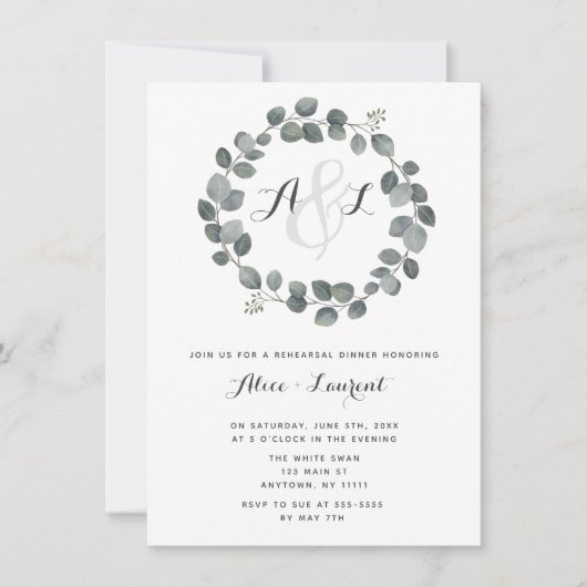 Monogram Greenery Rehearsal Dinner Invitations Kaart (Voorkant)