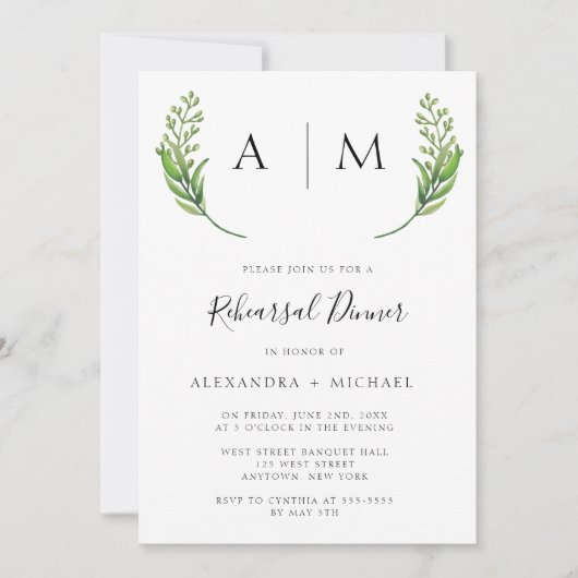Monogram Greenery Rehearsal Dinner Invitations Kaart (Voorkant)