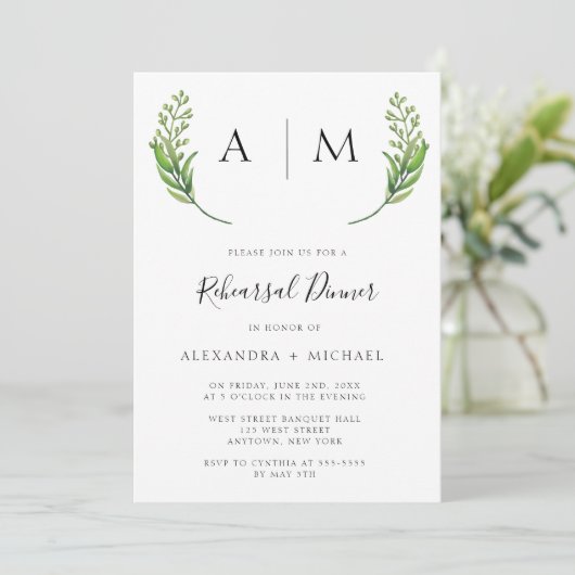 Monogram Greenery Rehearsal Dinner Invitations Kaart (Staand voorkant)